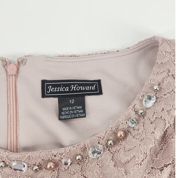 Jessica Howard Lace Sequin Dress Cold Size 12 Pink Beaded Sheath Classic Luxe - Picture 6 of 12